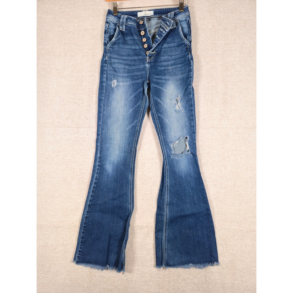 KanCan Women High Rise Button Fly Distressed Flare Jeans Medium Wash Sz 25‎ FAIR